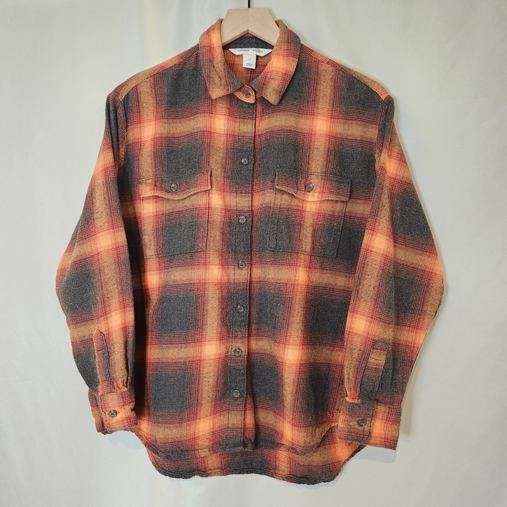 Orange Black Plaid Flannel Top Womens Medium Swiftie‎ Flannel Evermore Cabincore